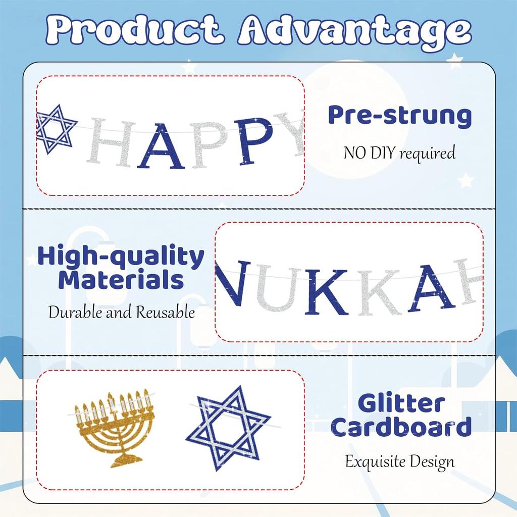 Hanukkah Decorations for Home, Pre-Strung Happy Hanukkah Banner, Glitter Chanukah Party Favors with Candelabrum Hexagram for Chanukah Decor Winter
