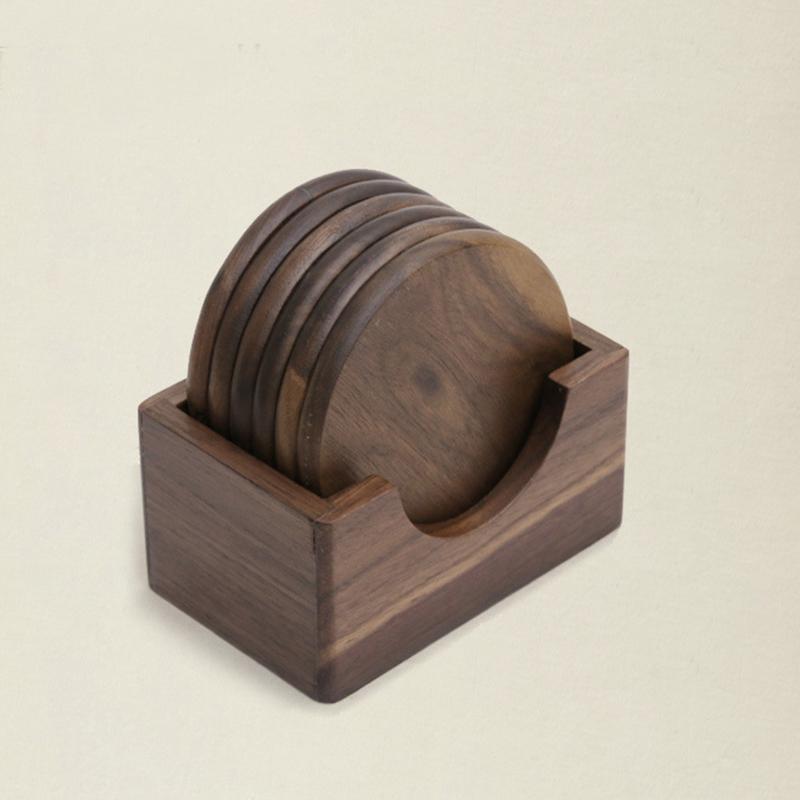 Japanese Walnut Wooden Coaster Set 6pcs/Lot Solid Wood Heat Insulation Pad Round Square Shaped Tea Coffee Coasters Table Decor