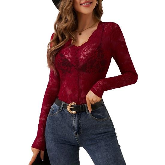 Women Tops V-Neck Long Sleeve See-through Lace Floral Design Pullover Tops Slim Fit Layering Versatile Tops