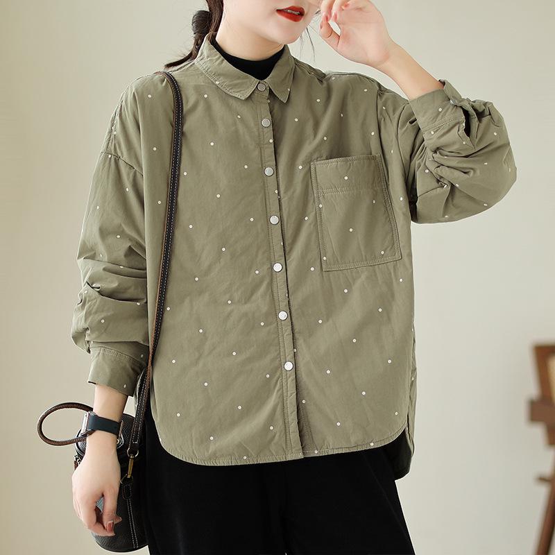 Gesteppte Polka-Dot-Print Damen Übergröße Baumwoll-Hemdjacke