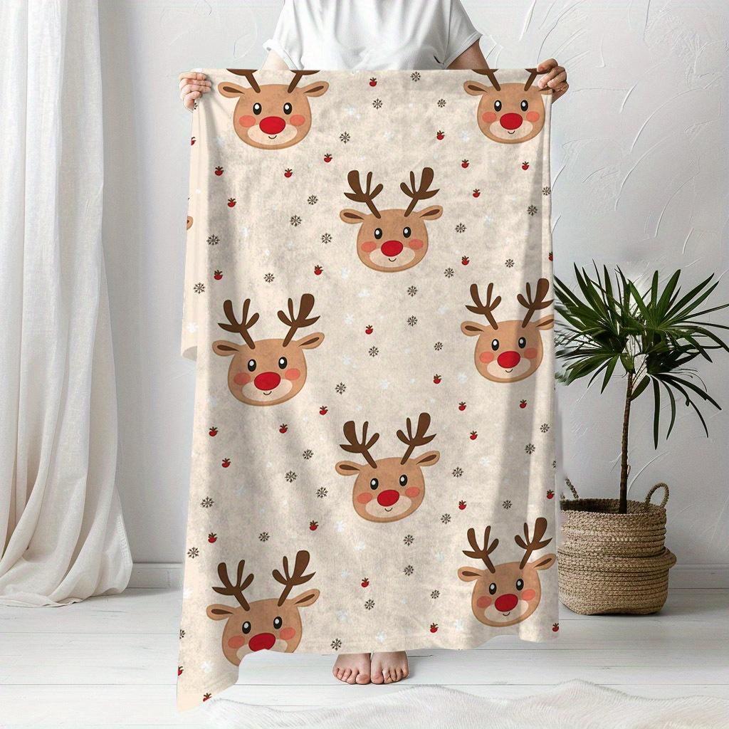 Cozy Christmas Reindeer Printed Fleece Blanket Soft Warm Lightweight Perfect For Naps Camping Travel And Office Decoration