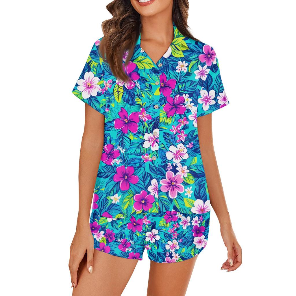 Women's Ice Silk Pajamas Button Homewear Hawaiian Print Short Sleeve Satin Pajama Set