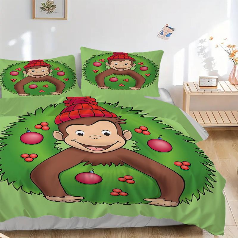 

3pcs Curious George Christmas Holiday Wreath Home Decorative Throw Pillow Cover Set-Festive Gift for Fans, Travelers, Everyday Use, Suitable 135x200cm
