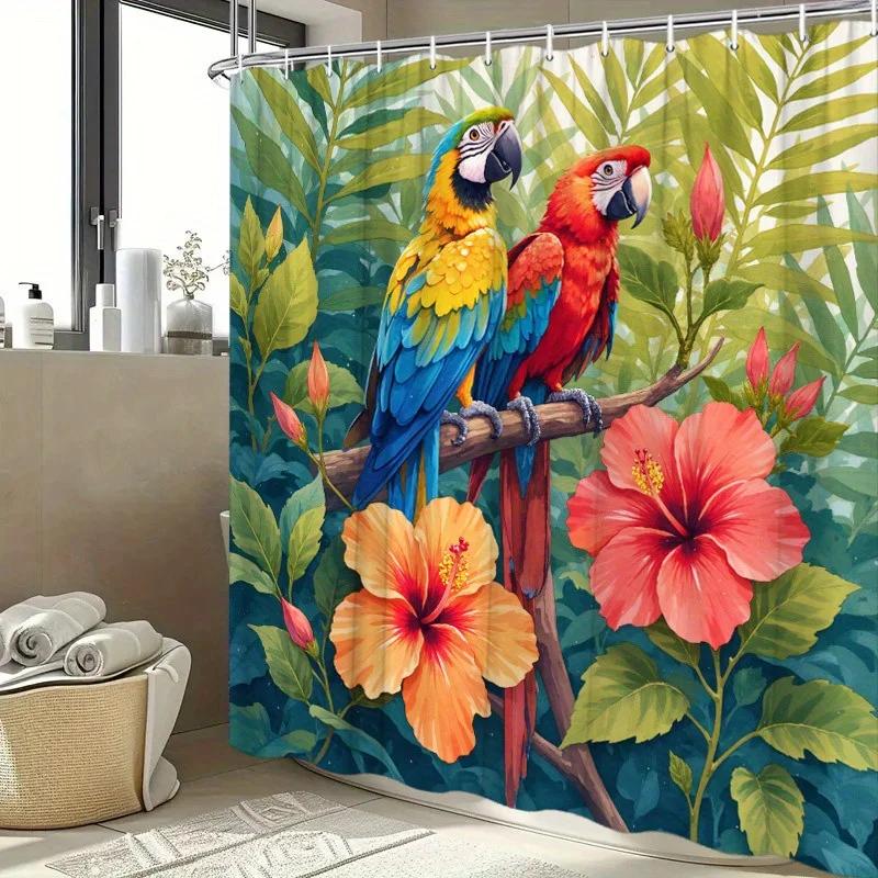 1pc Macaws & Tropical Flowers Shower Curtain - Watercolor Style, Polyester,  Durable & Washable, Tropical Theme