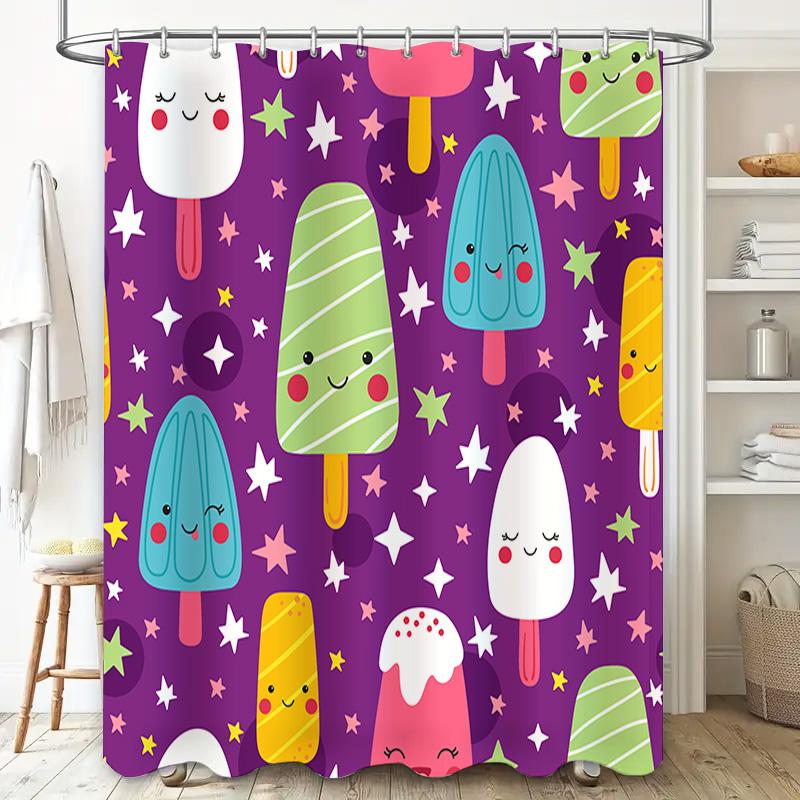 Cute Cartoon Popsicle Print Shower Curtain For Bathroom Decor 3D Printed Waterproof Fabric Bath Mat In Purple