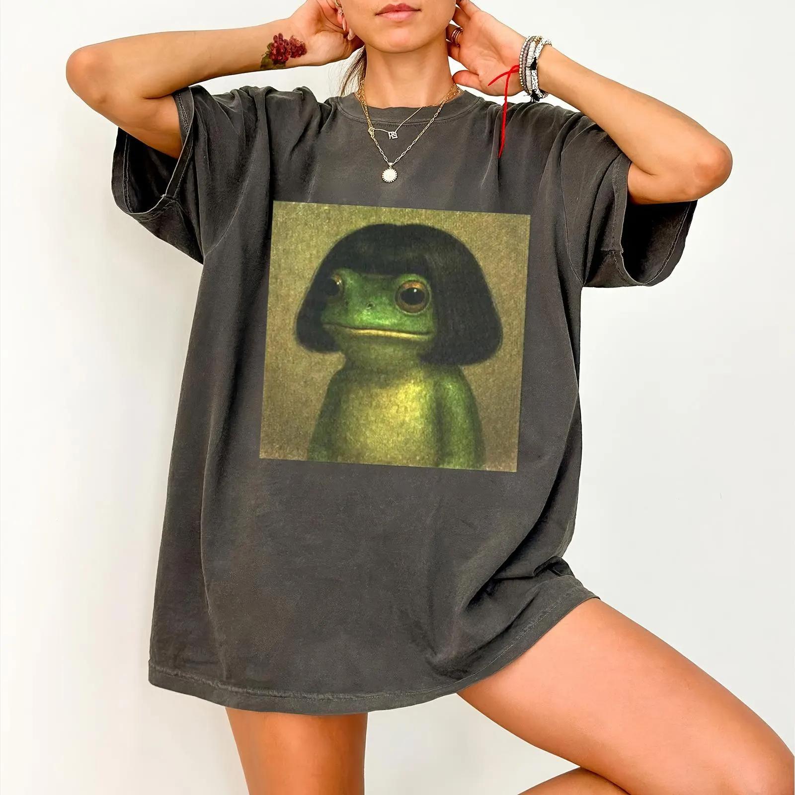 

2026 Summer Womens Funny Frog Meme Tshirt Pure Cotton and Breathable Short Sleeve Streetwear Oversized Loose Casual S