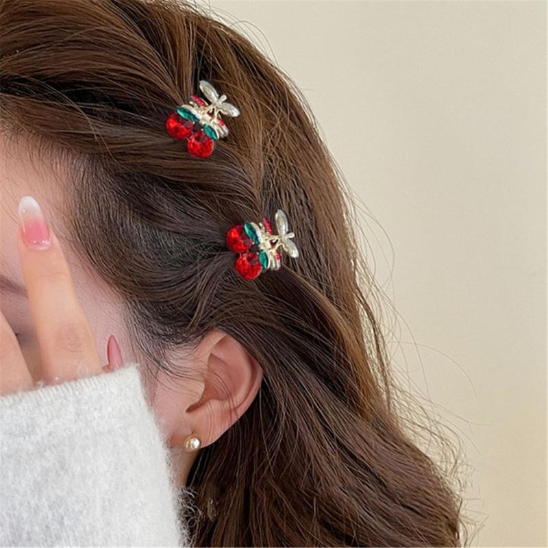 Pack of 2 Small Cherry Rhinestones Hair Claw Clip Elegant Metal Grip Side Claw Clip for Women and Kids Everyday Wear