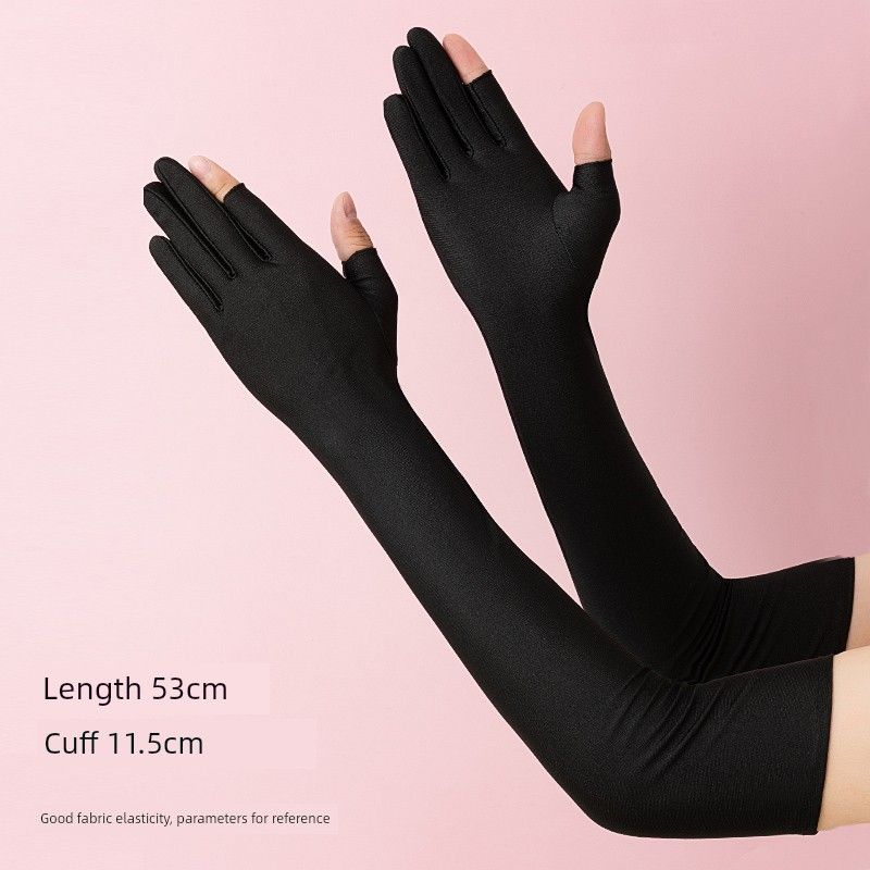 

Ice Silk Sun Protection Two Finger Gloves Female Long Driving Arm Guard Oversleeve UV Protection Summer Thin Breathable Sports Cycling Long (53cm) two fingers-black 1 pair One size