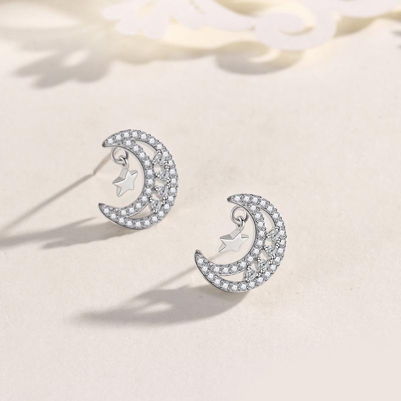 S925 Sterling Silver Star & Moon Diamond Inlaid Earrings - Korean Style Niche Design 925 Silver