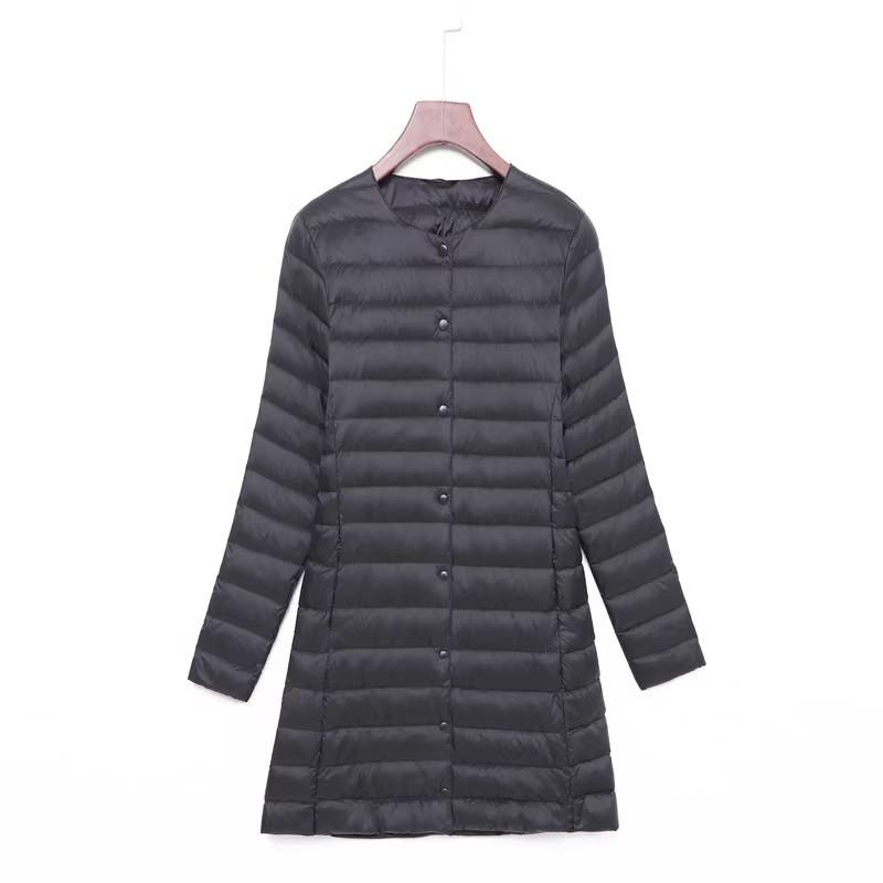 New down jacket women's light, medium and long fashion and thin white duck down button-down round neck warm jacket