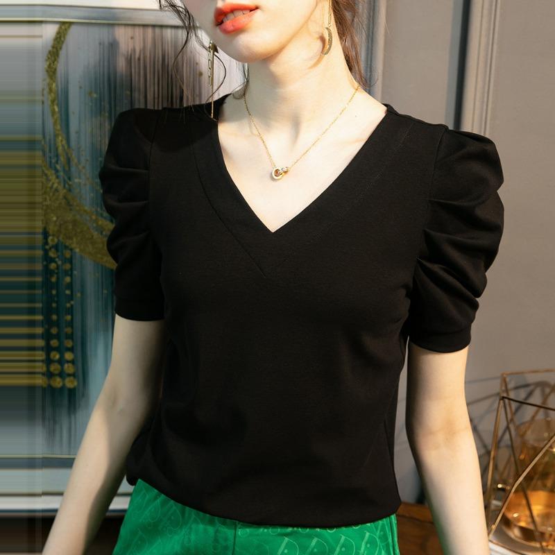 

Short-sleeved women s summer new ice cotton white t-shirt loose bubble sleeve top M чёрный