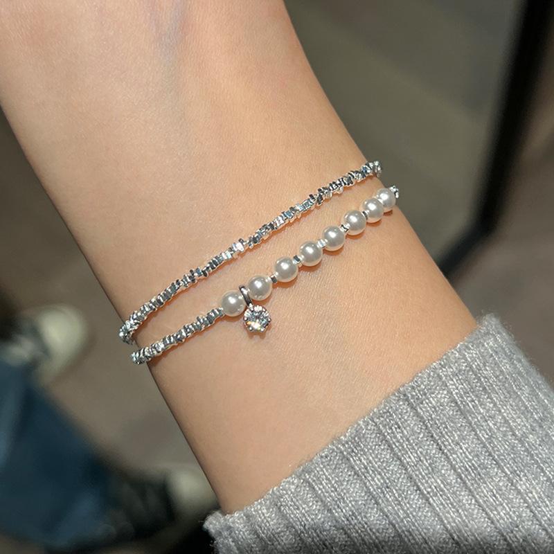 Light Luxury High-End Zircon Broken Silver Pearl Bracelet Female Personality Unique Exquisite Fashion Versatile Bracelet Jewelry