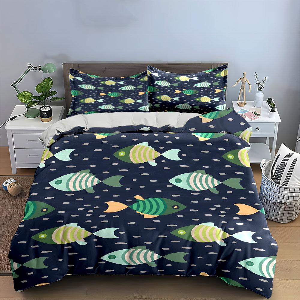 Striped Fish Pattern Design Bedding Duvet Cover Set (1*Duvet Cover 2*Pillowcases, without duvet insert)