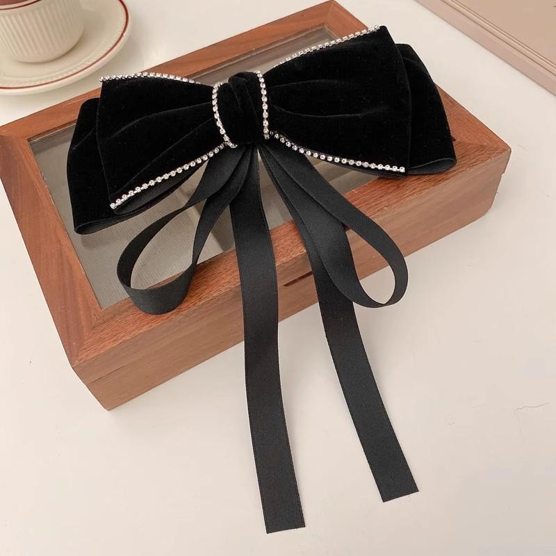 Fashion Retro Rhinestone Velvet Bow Ribbon Hairpin For Woman Temperament Back Of The Head Hair Clips New Year Hair Accessories