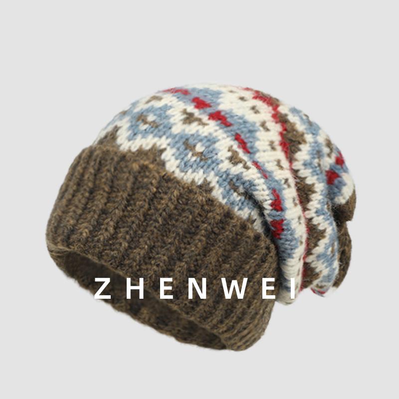 Winter knitted hat with Norwegian pattern, Fair Isle style One Size