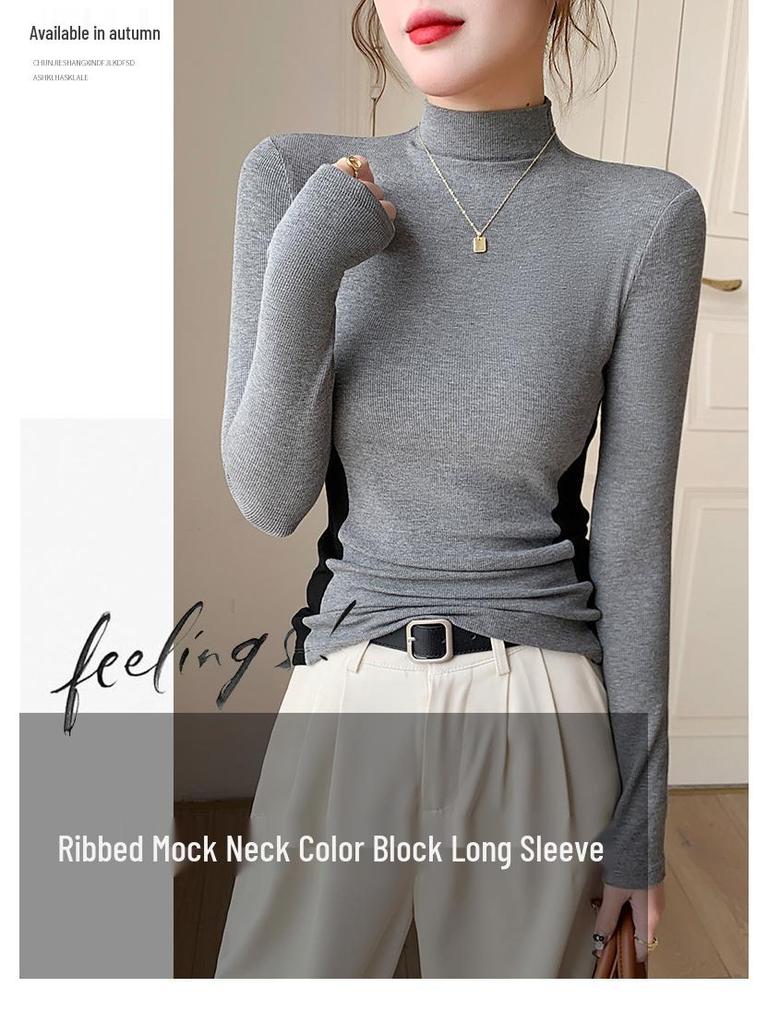 Women's Color Block Slimming Semi-High Neck Long Sleeve Top for Autumn/Winter