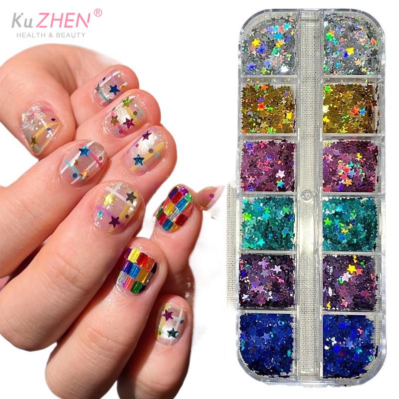 12 Grids Seqiuns Star Glitter Colorful Nail Flake Flash Mini Pentagram Nail Seqiuns Nail Charm Kawaii DIY Manicure Accessories