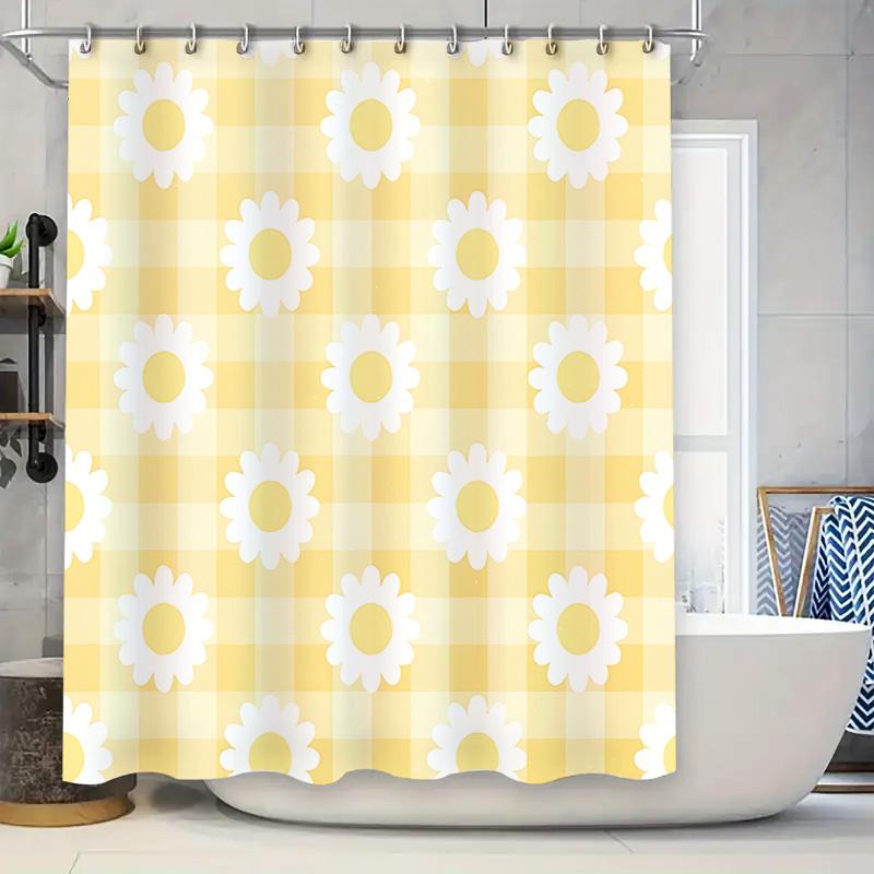 

Sunny Daisy Pattern Shower Curtain For Bathroom Decor Vibrant Yellow &White Flowers On Checkered Background Waterproof Durable W60H190(CM)-1 Pcs