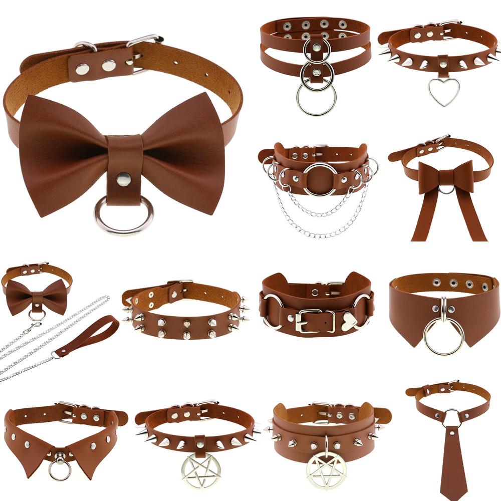 DIEZI Sexy Lignt Brown PU Leather Necklace Women Men New Harajuku Gothic Vintage Heart Chain Choker Statement Necklace Jewelry