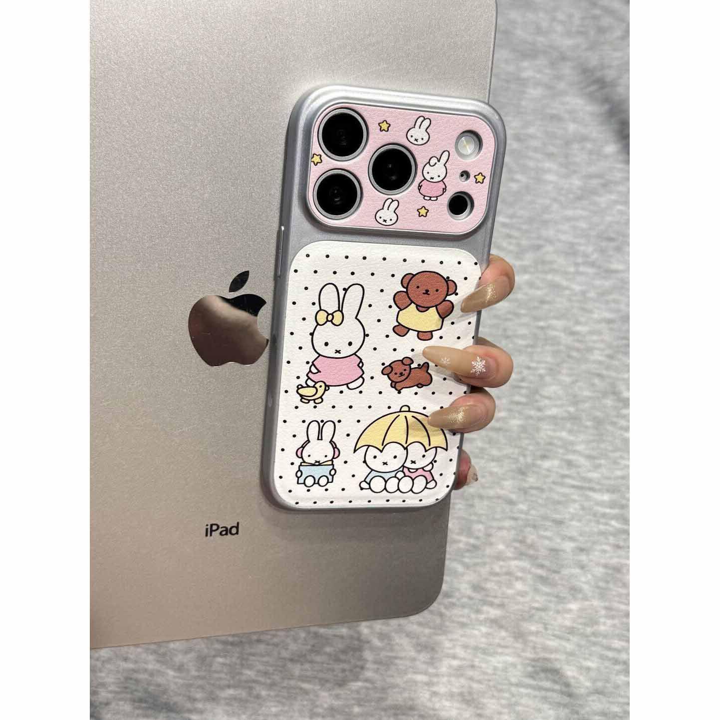 

Miffy Bunny Bear Phone Case: Full Coverage, Leather Texture, Silver Frame for Apple 17 Pro Max Apple 15 Plus
