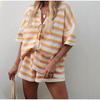 Nuevo Conjunto de Punto para Mujer Primavera/Verano con Bloques de Color, Cuello Solapa, Rayas y Mangas Cortas