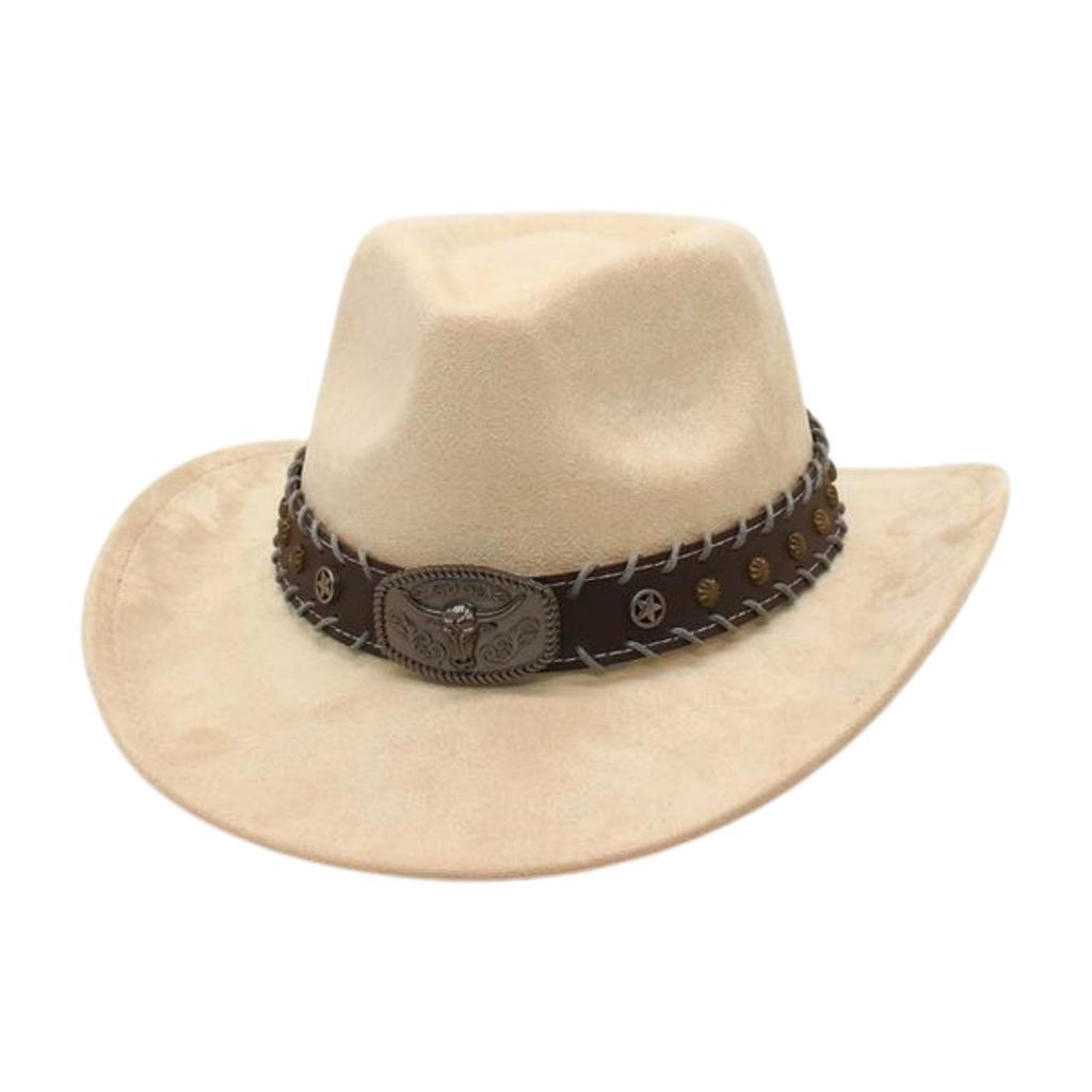 Ethnic Pattern Cowboy Hat Male Wool Felt Western Sombrero Cap Classic Riding Travel Fedora Hat Metal Bull Head Gentleman Hat