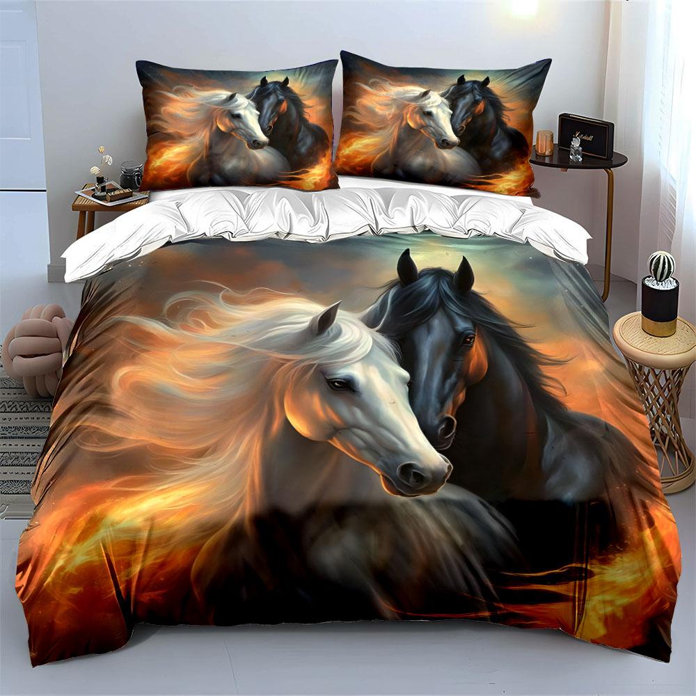 Horses Fiery Art Decor Set Bedding Set with 1 Duvet Cover 2 Pillowcases Single Double King Queen, Gift