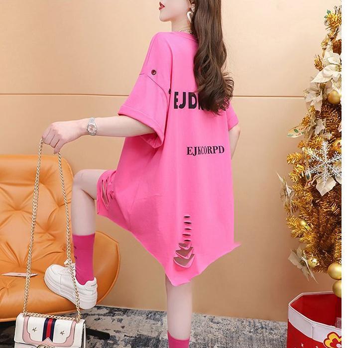 Γυναικείο Καλοκαιρινό Μπλουζάκι Κοντομάνικο Μεγάλο Μέγεθος Κορεάτικο Μεγάλο Μέγεθος Τοπ Φαρδύ Ακανόνιστο Σχισμένο Καθημερινό Μπλουζάκι με Πρί