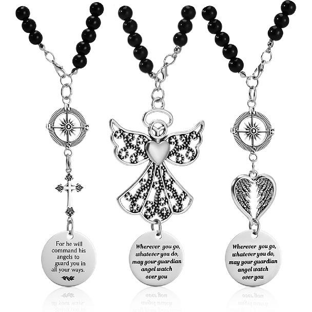 3 Pack Guardian Angel Rearview Mirror Charm, Angel Wings Cross Car Charm Pendant Guardian Angel Hanging Ornament Rear View Mirror Hanger Decor