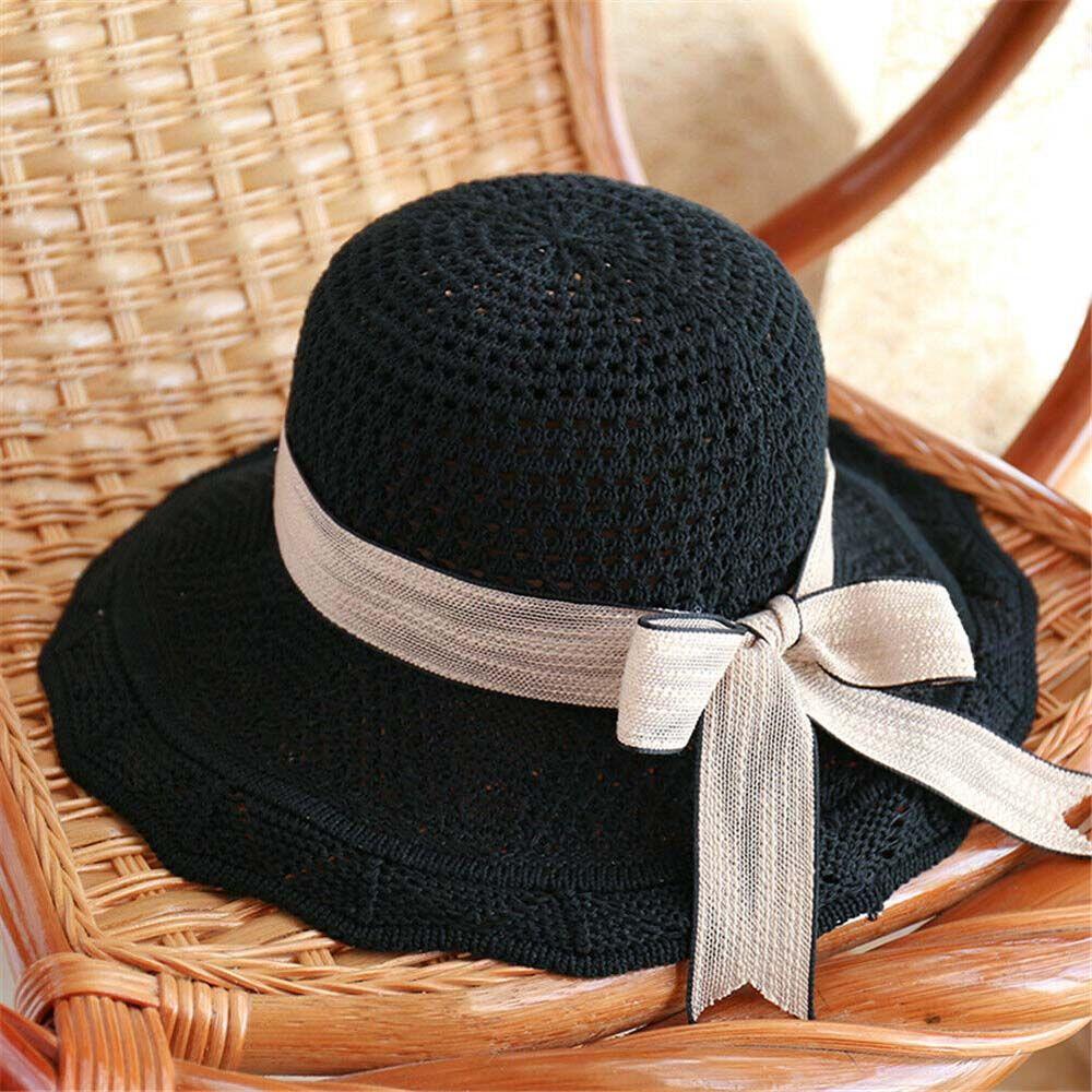

Foldable Beach Women Wide Brim Bucket Hat Sun Cap Straw Hat Big Bowknot