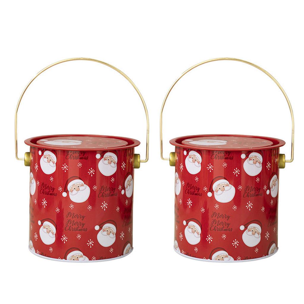 2pcs Christmas Candy Boxes with Handle Handheld Round Bucket Sweets Packaging Tins Portable Tinplate Candies Holders