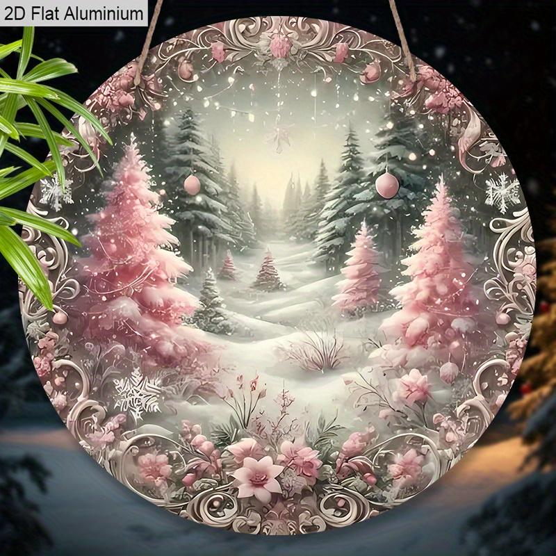 2D Flat Aluminium Pink Christmas Sign with Christmas Trees Pattern - Romantic Figurine Ornaments - Ideal for Front Door, Wall, Porch, Window Decor
