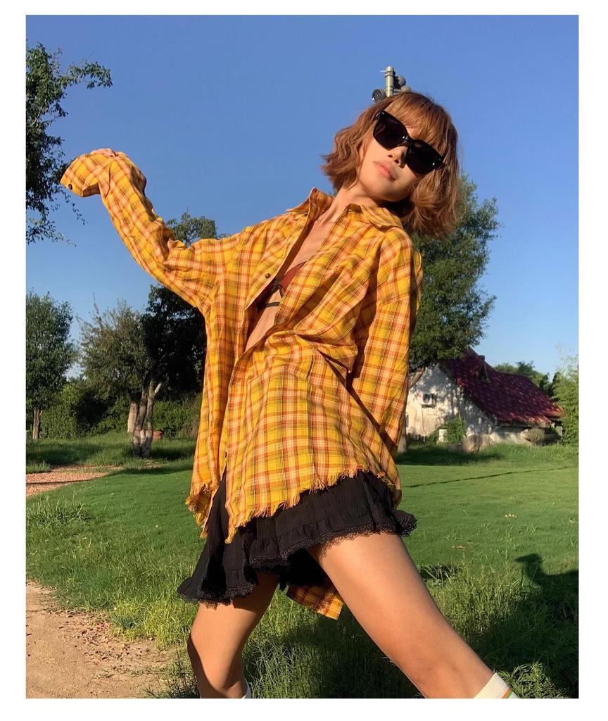 American Plaid Long-Sleeve Frayed Hem Cardigan Shirt