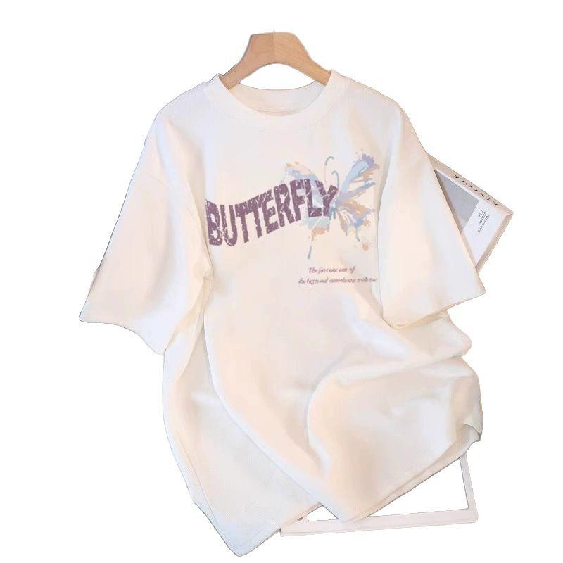 Butterfly Printed Cotton Short-sleeved T-shirt Women's Summer New Design Sense Fashionable Versatile Large-size Half-sleeved Top