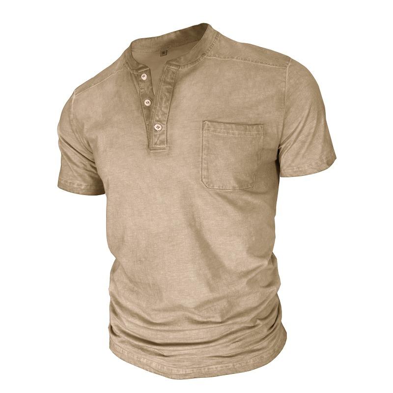 Men Black Washed Henley Neck Short Sleeve Chest Pocket Casual T Shirt