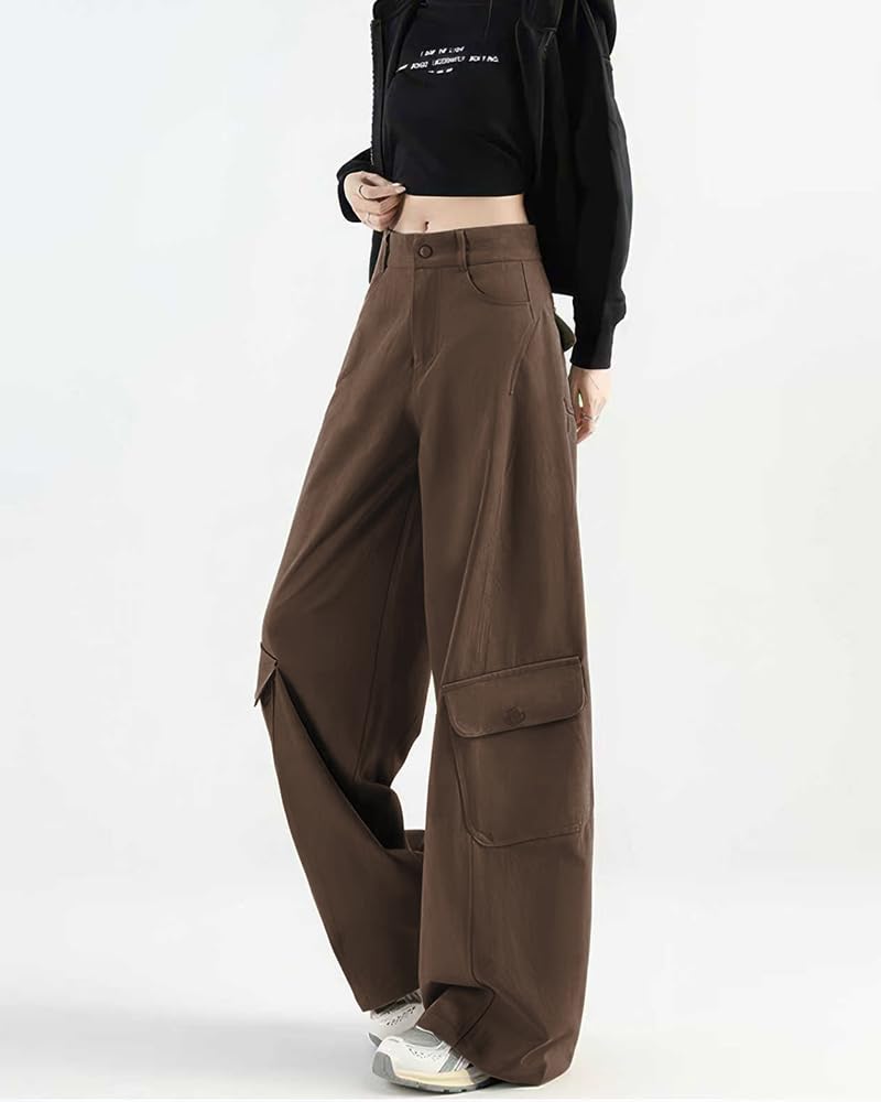 MTUIOY Cargo Casual and Perfect for Spring and Solid Loose Plus Sizes Brown L Women's Wide-Leg Pants, Stylish, Autumn, Color, Fit, - -