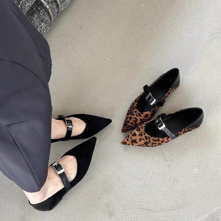 Temperament retro leopard print single shoes spring new low heel shallow mouth pointed one-word buckle with Mary Jane