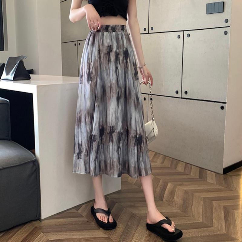 Tie-dye ink printing high-waisted skirt women's summer design sense niche covering a-shaped skirt medium and long covering umbrella skirt