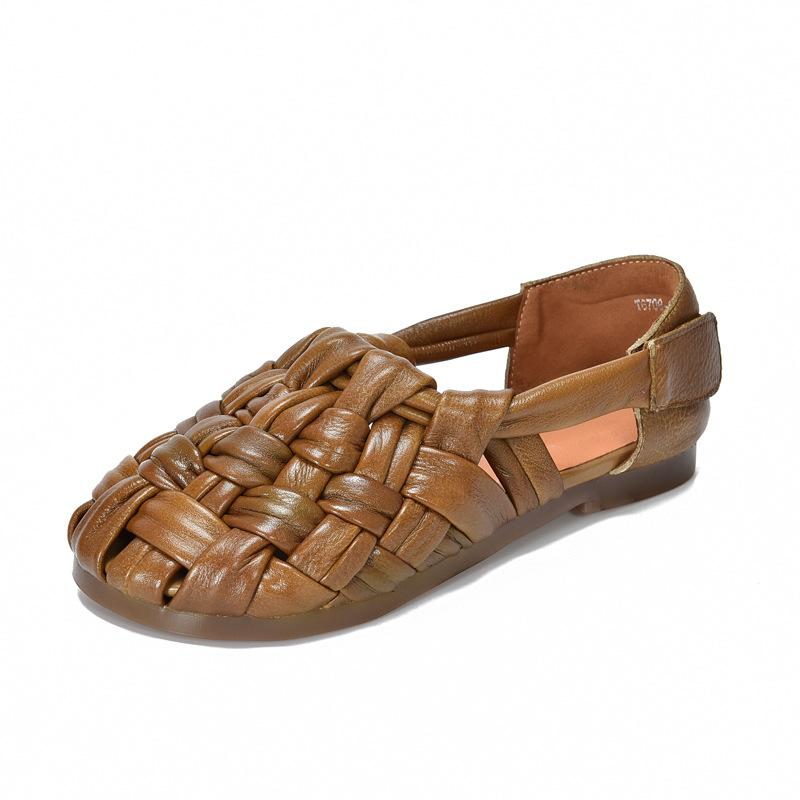 

Johnature Hand Woven Flat Roman Sandals Genuine Leather Soft Sole Hollow-out Women s Shoes 40 хаки