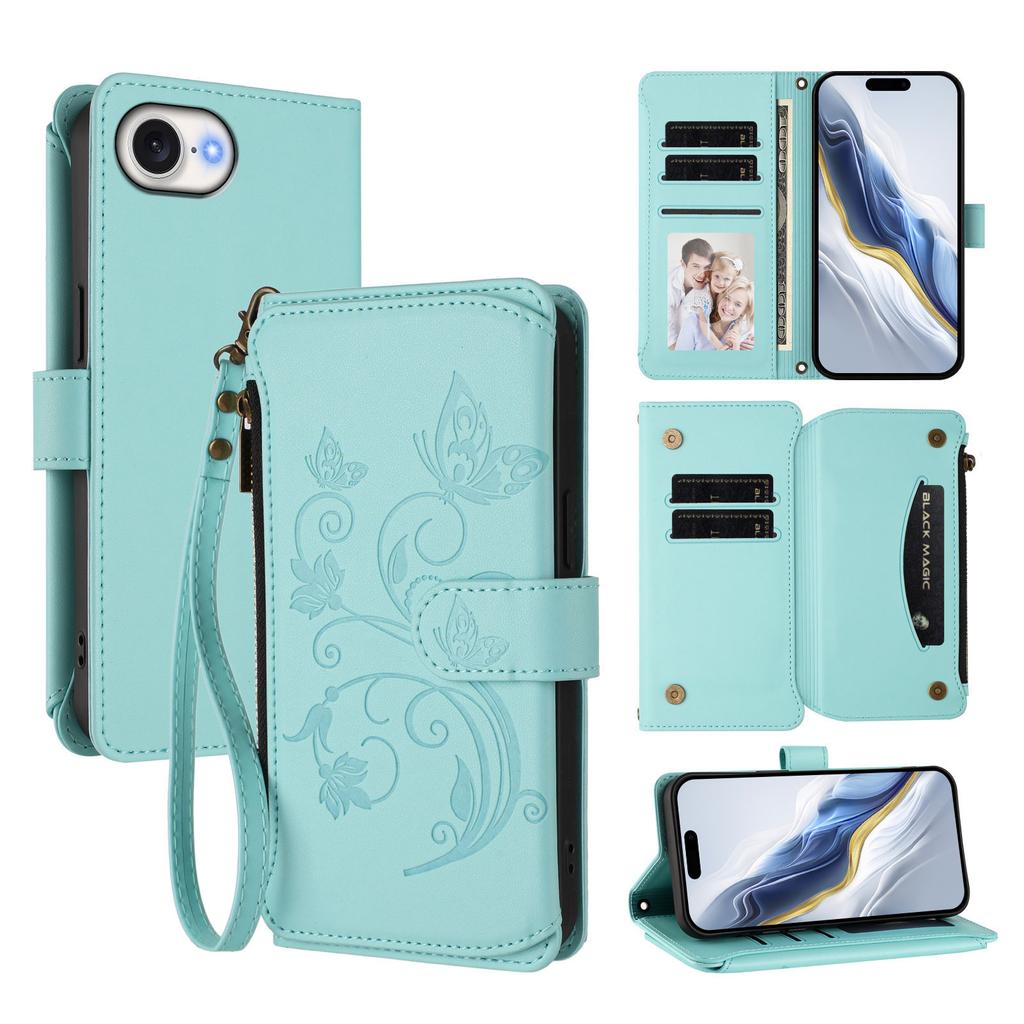 For iPhone 16e Leather Case Butterfly Floral Imprint Zipper Wallet Stand Cover with Wrist Strap