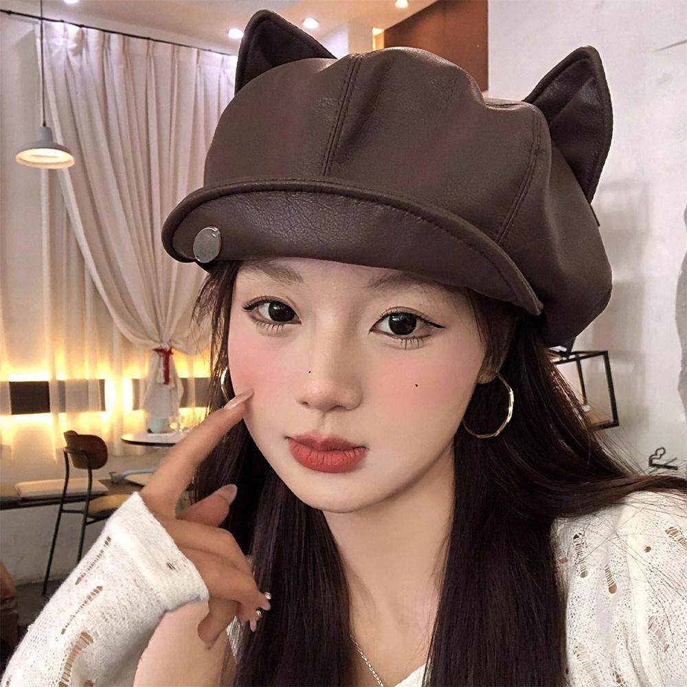 New Cat Ear Newsboy Hat Solid Color Casual Beret Hat PU Leather Personalized Peaked Cap Ladies Women Girls