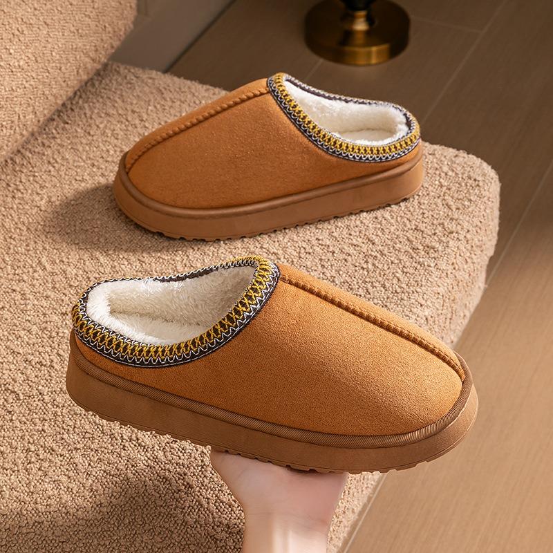 Autumn and winter plush cotton slippers women's indoor home soft bottom non-slip warm couple plush lace cotton slippers men