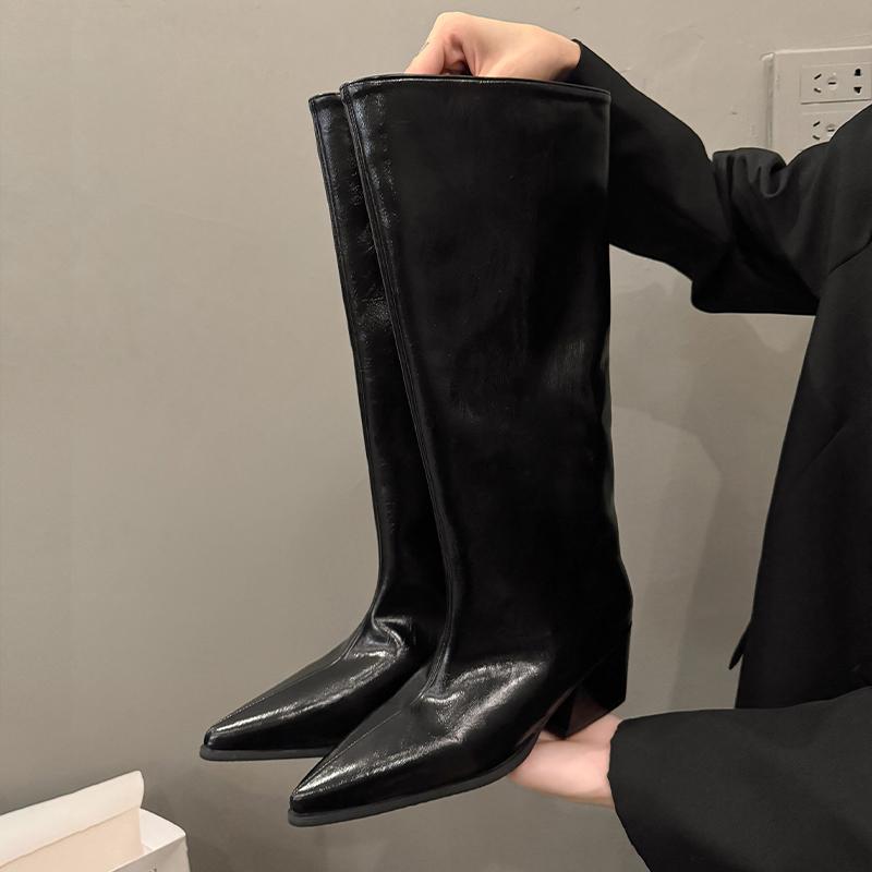 Fashion New Women's Leather Kitten Heel Square Toe Slip-on Autumn Knee High Boots Casual Female Long Boots Shoes Knee-High Boots