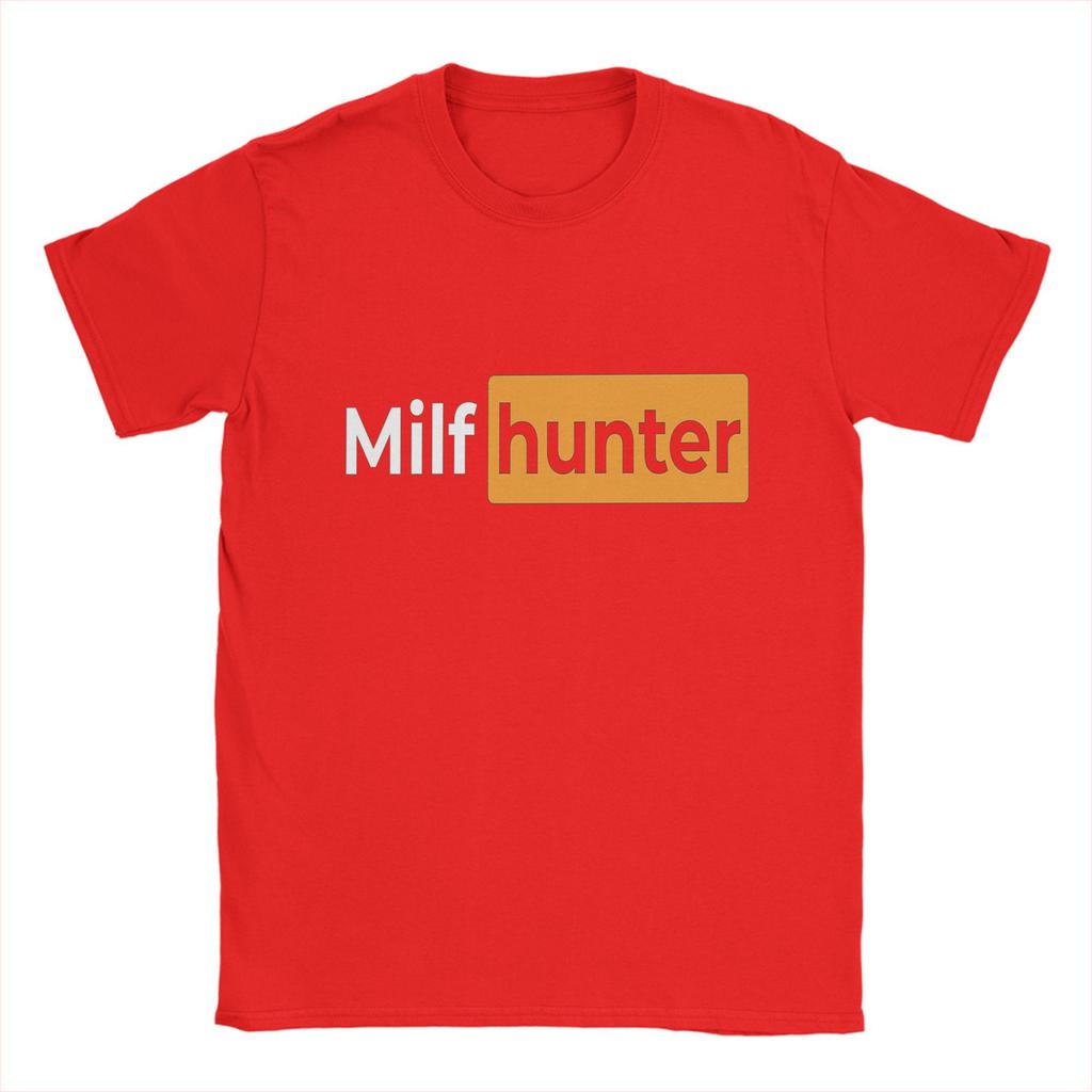 Cool Or Funny Men's T Shirts   Milf hunter Sticker Novelty Tees Short Sleeve O Neck T-Shirts Pure Cotton Gift Idea Clothing