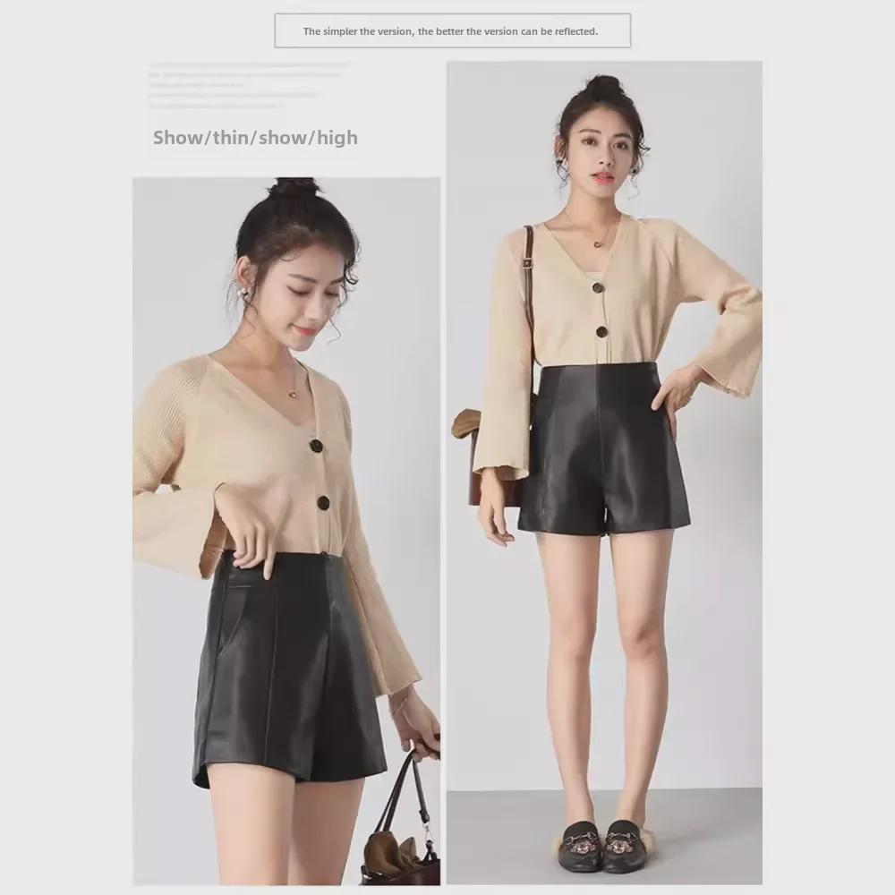2023 Autumn High-Waist Black Leather A-Line Shorts for Women