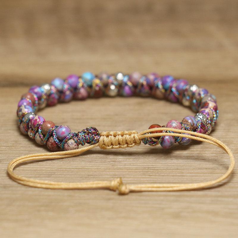 Purple Imperial Jasper Beaded Bracelet – Silver Accent Woven Boho Jewelry, Adjustable Colorful Healing Gift for Women