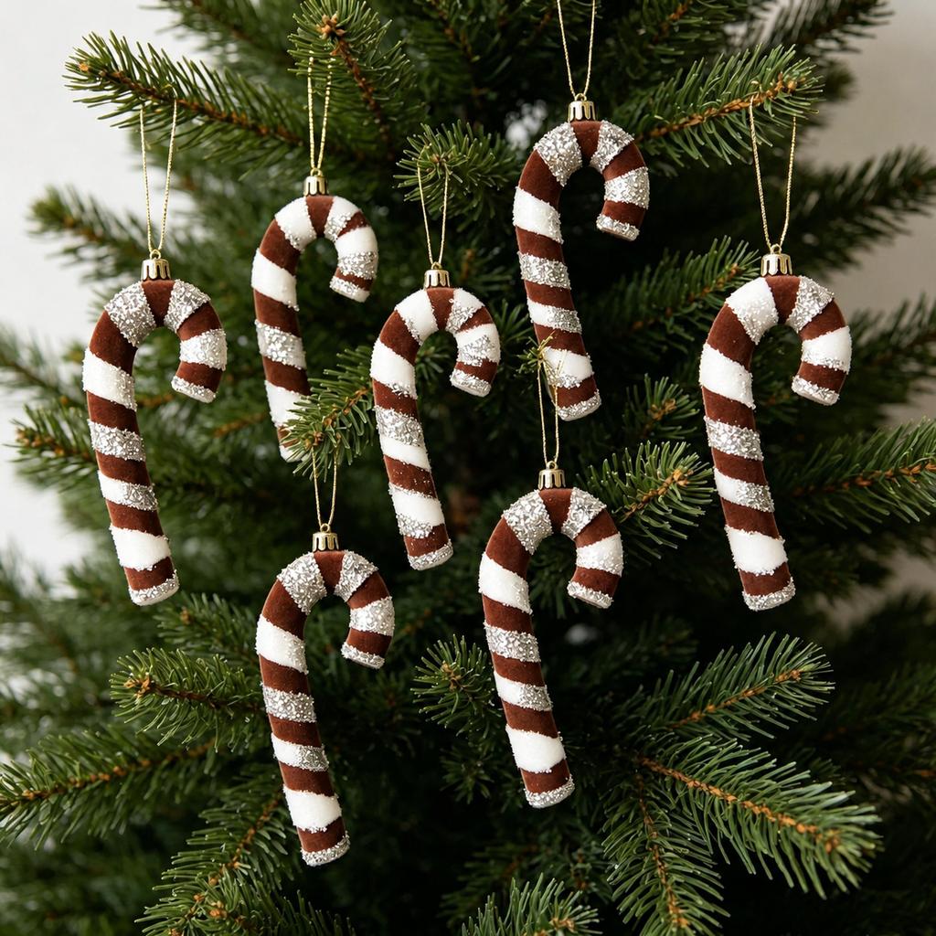 Flocked Candy Cane Decorative Flocked Christmas Ornament Holiday Hanging Decoration Christmas Themed Christmas Tree Decoration