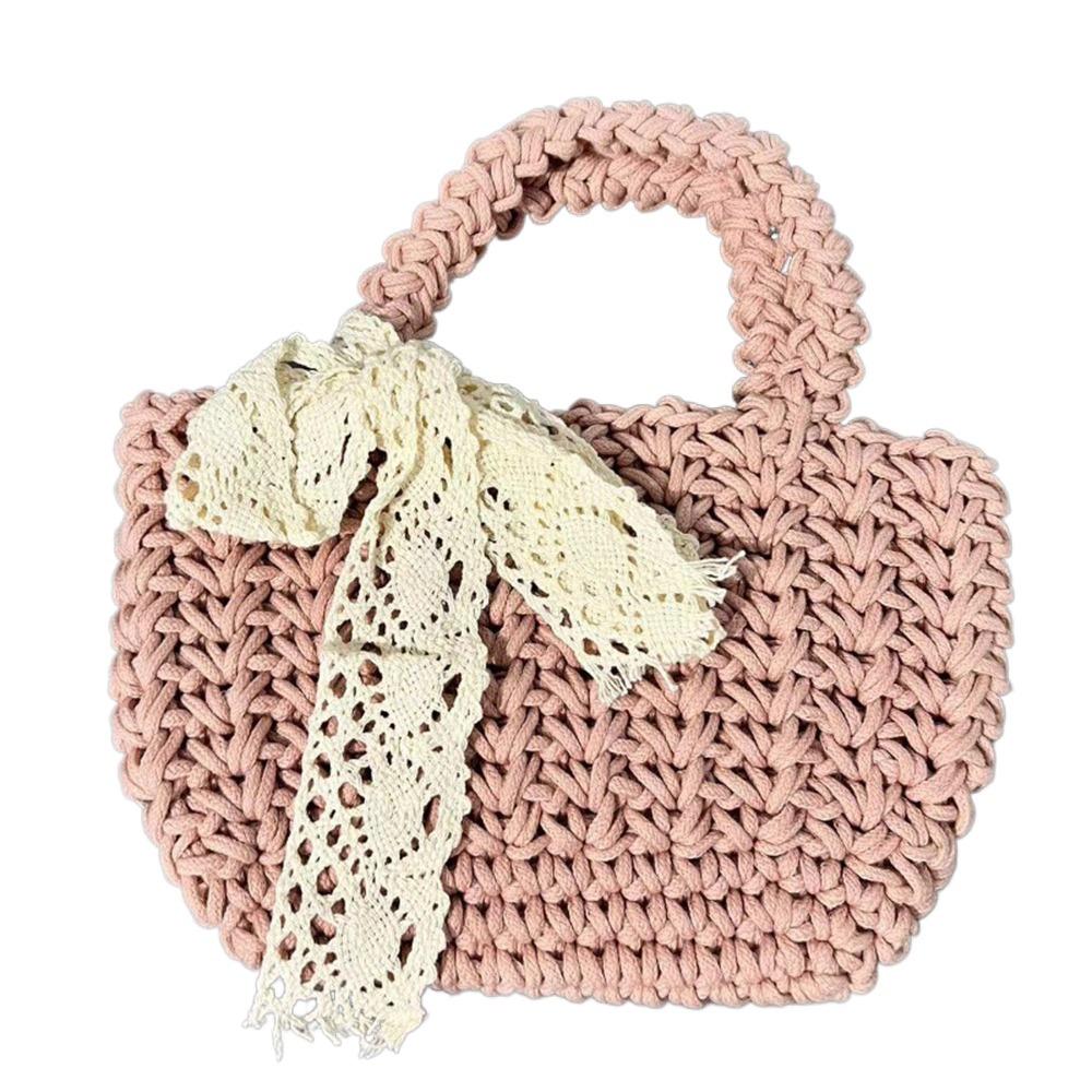 Lace Bowknot Beach Straw Bag Large Capacity Bucket Bag Trendy Braided Underarm Bag  Travel