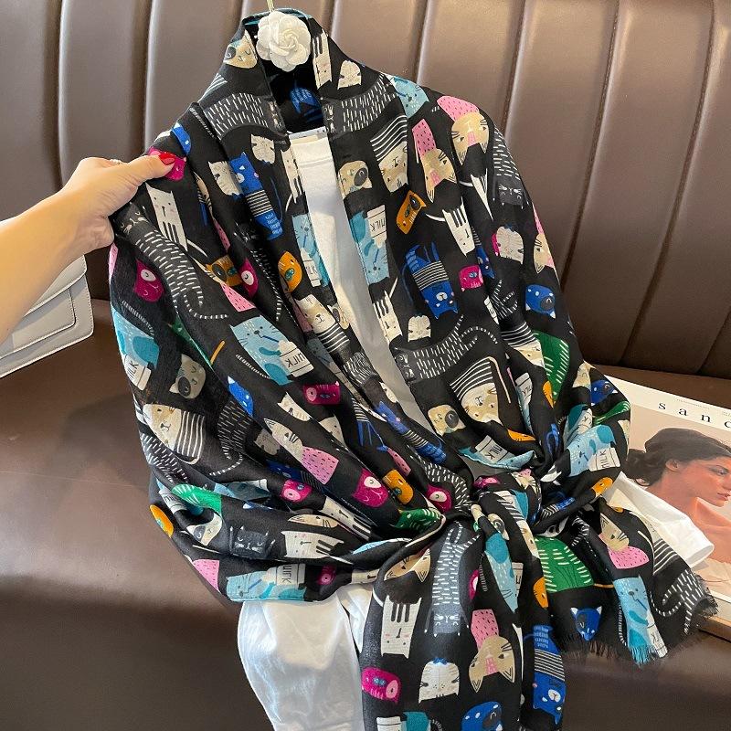 Lovely Animal Cartoon Cute Cat Pattern Fringe Viscose Scarf Lady Girls Print Soft Shawls and Wraps Pashmina Muslim Hijab Sjaal