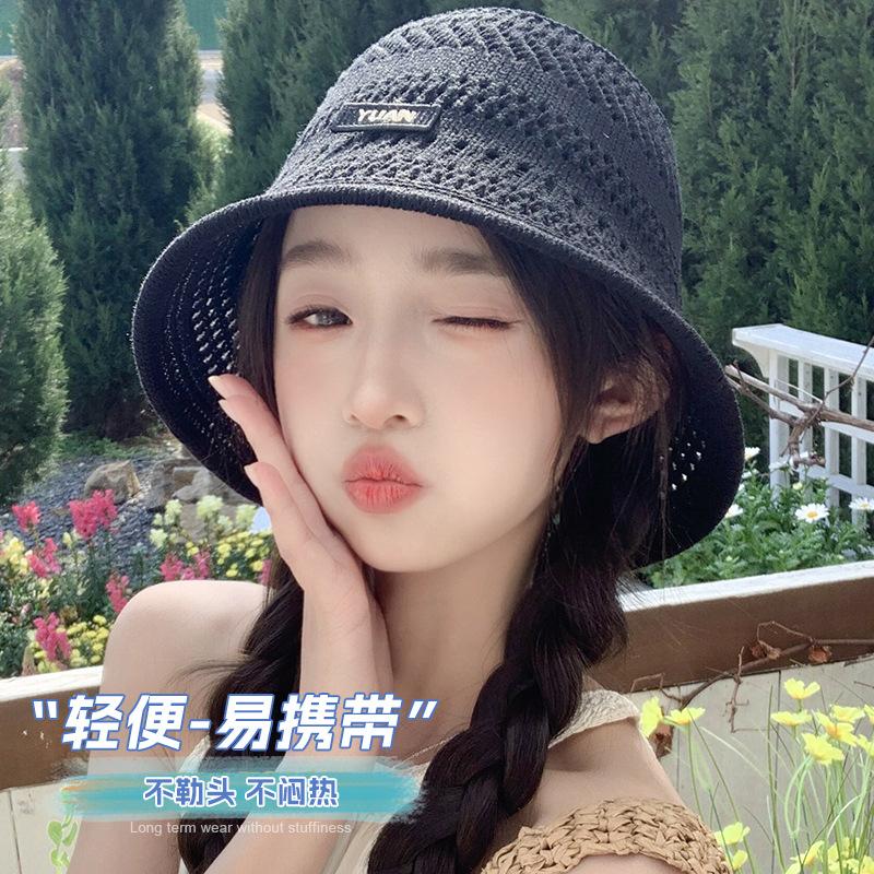 Summer new hat women's small fresh knitted breathable bucket hat outdoor versatile bucket hat sunshade sunscreen hat tide